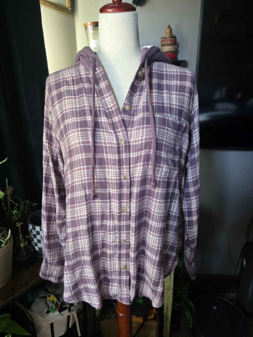 American Eagle Outfitters Lavender Plaid Hooded Button-Down Size S